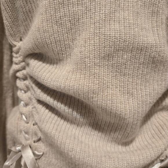 Autumn Cashmere 100% Cashmere Pleated Puff Sleeve Ribbon Laced Ruched Sweater-S - Picture 4 of 6